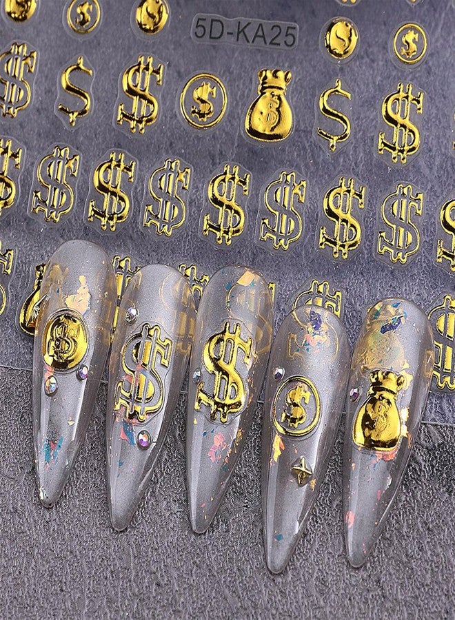 Vopintpy Gold Silver Dollar Nails Stickers Decals 5D Embossed Dollar Nails Art Stickers Self-Adhesive Designs Nail Art Decals for Women DIY Nail Decorations - Image 2